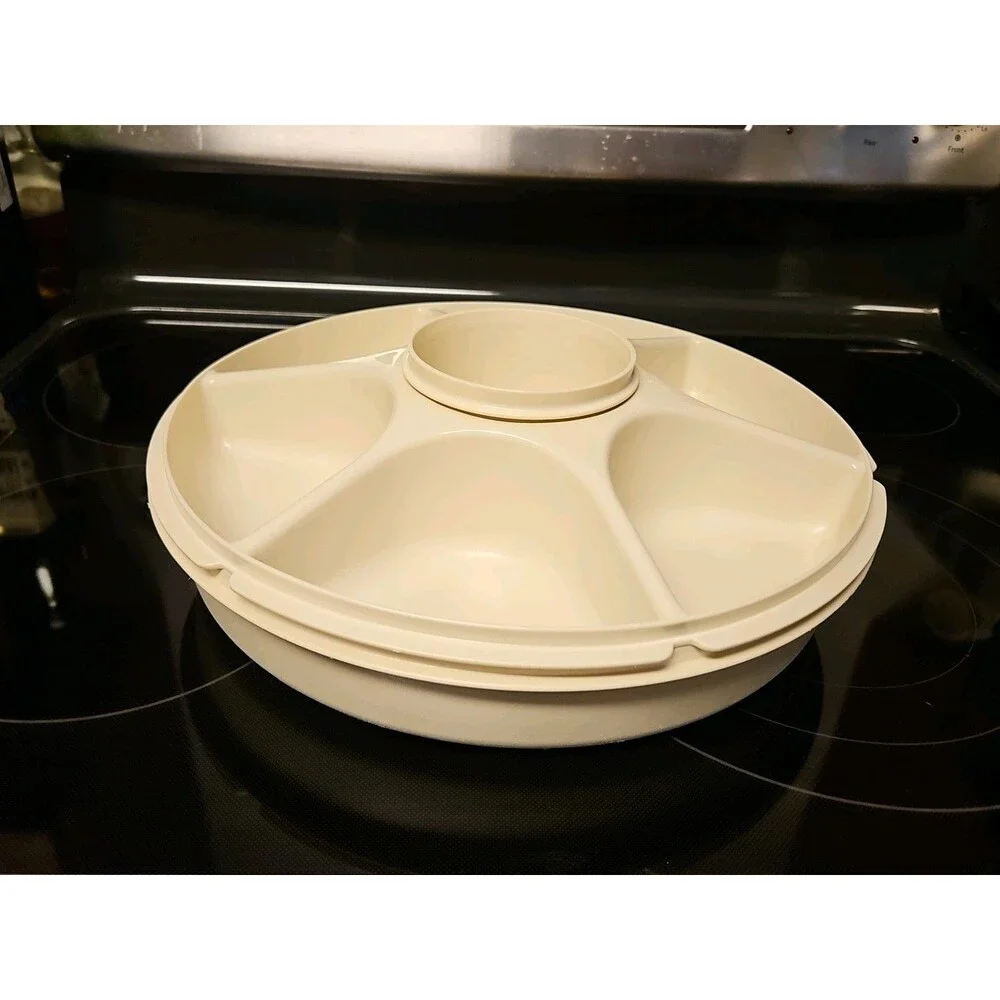 Tupperware Divided Serving Tray 1665-3 Almond With Lid & Dip Bowl 3 pc set